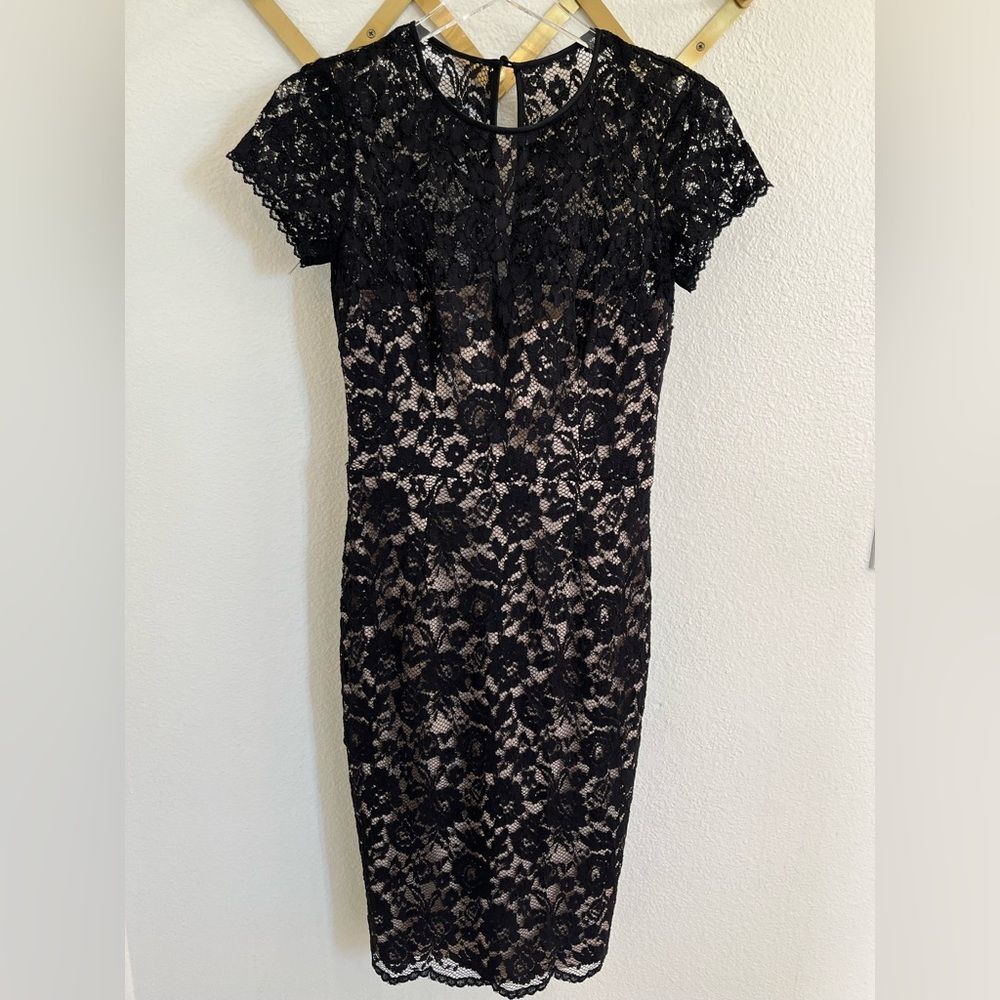 Maggy London Black Lace Illusion Midi Cocktail Dress 4